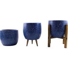 Tasarımı Ev Dekorasyon Aksesuar Lacivert Granit Toprak Saksı Saksılık Salon Çiçeklik Üçlü Set- 19 cm