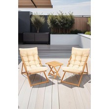 Flex 2'li Ahşap Puf Minderli Bahçe, Balkon, Teras ve Plaj Katlanır Şezlong Set Bistro