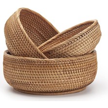 Yuvarlak Rattan Meyve Sepetleri Dokuma Saklama Kaseleri Anahtar Tutucu Raf Mutfak Masa Üstü Doğal 3'lü Set