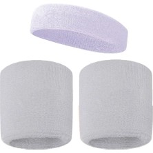 Havlu Kafa Sporcu Ter Saç Bandı ve 2 Adet Havlu Bileklik Seti Beyaz