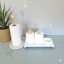 Ecay Mermer Ürünleri Doğal Beyaz Mermer Banyo ve Lavabo Düzenleyici 5 Li Set Gold Aksesuarlı