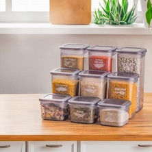 433-GR-3 9 Lu Kare Etiketli Gıda Erzak Baharat Saklama Kabı Seti 3x(0.60+1.30+1.90) Lt Gri
