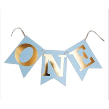 Patladı Gitti Mavi Gold One Yazılı Banner 1 Yaş Doğum Günü Süsü