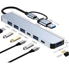 Çoklayıcı Adaptör 7in1 Usb/type-C To USB A, USB C Macbook Uyumlu Çevirici Adaptör Çok Portlu Çoklayıcı 7 In 1 USB Hub (Gri)