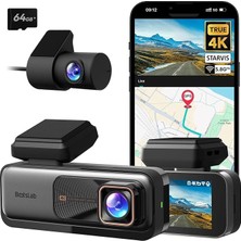 4K Dash Cam Ön ve Arka, 4K Araç Çizgi Kamerası Ön ve 2k Arka Kamera, Gece Görüşü, Starvıs Sensörü, Adas, 170° Geniş Açı, Dahili Gps ve Wifi, 24/7 Park Modu, 64 GB Sd Kart Dahil