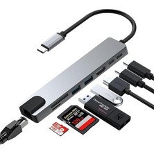 Macbook Pro Air Için USB Type-C Hub Dönüştürücü 8 In 1 Çoklayıcı - Hdmı, 2 Adet USB 3.0, 2 Adet USB C, Sd/microsd, Ethernet - Çevirici 8li Port USB C Adaptör Bağlantı Noktası Ara Kablo