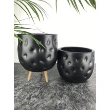 Tasarımı Ev Dekorasyon Aksesuar Siyah Desenli Toprak Saksı Saksılık Salon Çiçeklik Ikili Set Ayaksız - 3 Ayaklı- 19 cm