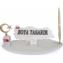 Ecay Mermer Ürünleri Doğal Beyaz Mermer Masa Isimlik Gold Kalem ve Ayyıldız