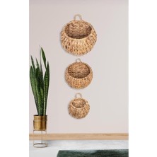3'lü Asılabilir El Yapımı ve Doğal Yuvarlak Hasır Dekoratif Mektupluk ve Anahtarlıjk Seti, 3'lü Hasır Yuvarlak Saksı Seti, Hasır Kapı Süsü 3'lü Set