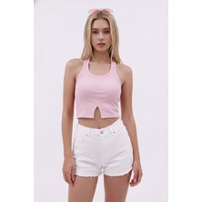 Euro Class Kadın Pembe Boyundan Geçmeli Etek Ucu Yırtmaçlı Esnek Pamuklu Kaşkorse Bluz