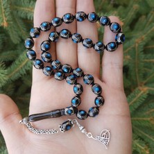 Tesbih Reyonu Gümüş İşlemeli Erzurum Oltu Taşı Tesbih - Mavi Mine Detaylı Badem Kesim