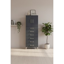 Silva Antrasit Dolap: 6 Çekmeceli, 2 Kapaklı & Raflı - 60X30X163 cm