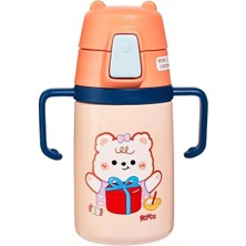 Rovco 400ML Silikon Pipetli Sevimli Ayıcıklı Boyun Askılı Bebek Kulplu Paslanmaz Çelik Termos (Turun
