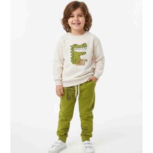 Pini Co Erkek Çocuk Timsah Baskılı Bej Sweatshirt ve Yeşil Eşofman Takımı