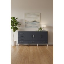 Aura Konsol - 4 Raflı, 6 Çekmeceli, 3 Kapaklı Antrasit Konsol | 176X59X83 cm