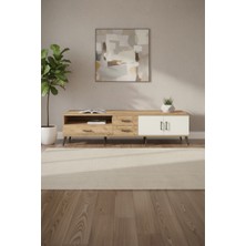 Luna Tv Ünitesi: 220CM Çam-Aytaşı Tv Sehpası | Raflı, Çekmeceli | 2 Kapaklı