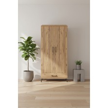 Silva Dolap: 5 Raflı, Çekmeceli, Çam Desenli (88X30X182 Cm) | 2 Kapaklı