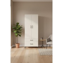 Silva 4 Raflı 2 Çekmeceli Dolap - Aytaşı Beyazı - 88X30X221CM | 2 Kapaklı