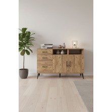 Aura Konsol - 4 Raflı, 3 Çekmeceli, Çam Desenli Konsol | 2 Kapaklı, 132X59X83 cm