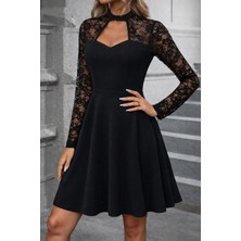 Stelol Kadın Uzun Kollu Balıkçı Yaka Dantelli Ithal Krep Kısa Kiloş Elbise