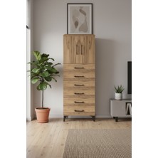 Silva Dolap: 6 Çekmeceli, 2 Kapaklı, Çam Rengi Şık Tasarım | 2 Raflı, 60X30X163 cm