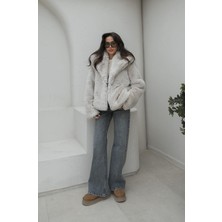 Havoş Bej Spokes Peluş Kürk Mont