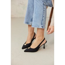 Milaya Shoes Tuva Metal Düğmeli Kadın Kumaş Topuklu Ayakkabı