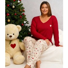 NiCe İç Giyim Yılbaşı Kırmızı Renk Kalp Armalı Battal Büyük Beden Kadın Pijama Takımı (2xl-4xl Beden Aralığı)