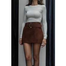 Havoş Kahverengi Bliss Süet Kemerli Şort Etek