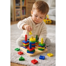 Direkstoktan Ahşap Eğitici Zeka Oyuncağı | Montessori Renkli Geometrik Şekil Dizme ve Eşleştirme Oyunu