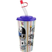 Shop A Way Kapaklı Desenli Pipetli Bardak Çocuk Içecek Bardağı 650 ml Mor