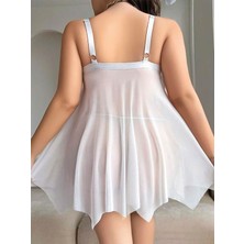 Aria's Closet Arias Closet Büyük Beden Beyaz Kalın Askılı Kurdelalı Fantezi Tül Gecelik