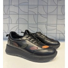 Anıl Ayakkabı B1 4060 Kadın Siyah Hakiki Deri Lastik Bağcık Yaprak Desen Detaylı Günlük Ortopedik Ayakkabı