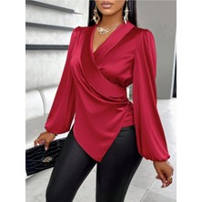 byasafkids Kadın Uzun Kollu Kruvaze Yakalı Asimetrik Saten Bluz