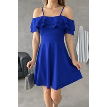 Cuyka Kadın Askılı Kruvaze Yaka Asimetrik Kesim Scuba Krep Elbise