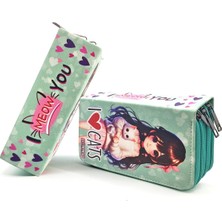 Shop A Way Kalem Kedili Kız Kawai Organizer Kalemkutu Vegan Üç Bölmeli Kalemlik -Yeşil