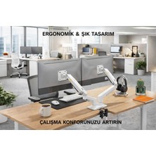 Kenly Nb F160 Beyaz 17-27” Çift Kol Monitör Tutucu 2-9 kg Amortisörlü, Gazlı Vesa Masaüstü Monitör Standı