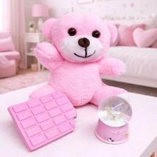 Shopwave Pembe Peluş Ayıcık Kar Küresi ve Pembe Çikolata Not Defteri