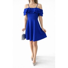 Cuyka Kadın Omuz Açık Askılı Fırfırlı Scuba Krep Elbise