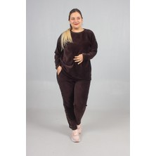 Truva Xxl Büyük Beden Omuz ve Paça Taşlı Kadife Eşofman Takımı – Premium Kalite Kahverengi