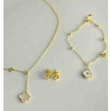Generic 925 Ayar Gümüş Kadın Üçlü Benzer Kombin -  Küpe - Kolye ve Bileklik Model (Gold Renk)