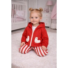 Wow Colors Kız Bebek Ördek Nakışlı 3’li Takım – Kapüşonlu Fermuarlı Ceket Uzun Kollu Badi ve Çizgili Pantolo