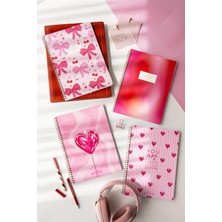 Shop A Way A4 Spiralli Karton Kapak 4’lü Set Çizgili Okul Defteri 80 Yaprak, Ders Programlı Kırmızı Kalp