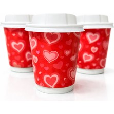 Dodo Pack 8 Oz Çift Katlı Kalpli Baskılı Kırmızı (Dw) 20 Adet Karton Bardak + 20 Adet Kapak
