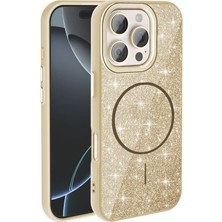 iPhone 16 Pro Kılıf M-Safe Şarj Özellikli Parlayan Simli Zore Okso Kılıf Gold