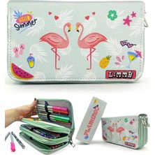 Shop A Way Limmy Ikili Flamingo Desenli Modelist Kalem Kalemkutu Vegan Üç Bölmeli Kalemlik - Yeşil