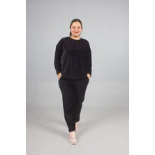 Truva Xxl Büyük Beden Omuz ve Paça Taşlı Kadife Eşofman Takımı – Premium Kalite Siyah