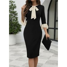 Stelol Kadın Truvakar Kollu Fiyonk Yakalı Midi Ithal Krep Elbise