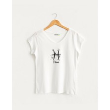 Kidilia Balık Burcu Tasarımlı Kadın V Yaka %100 Pamuklu T-Shirt