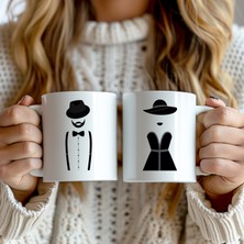 Çiftlere Özel Hediyelik 2'li Gelin Damat Silüetli 330ML Baskılı Beyaz Seramik Kupa Bardak